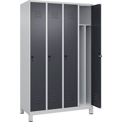 Classic PLUS clean and dirty clothes locker, narrow, 4 compartments, shortened centre divider, light grey/grey, W 1200 mm, with feet, rotary bolt, centre partition.
