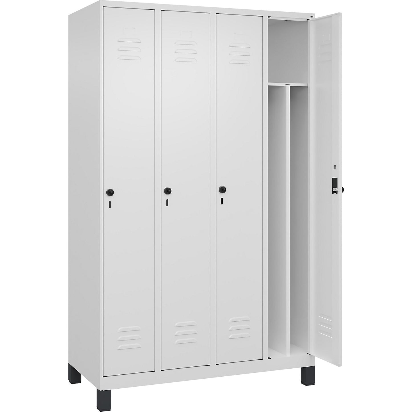 Classic PLUS clean and dirty clothes locker, narrow, 4 compartments, shortened centre divider, traffic white, W 1200 mm, with feet, rotary bolt, centre partition.