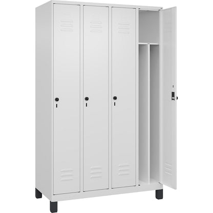 Classic PLUS clean and dirty clothes locker, narrow, 4 compartments, shortened centre divider, traffic white, W 1200 mm, with feet, rotary bolt, centre partition.