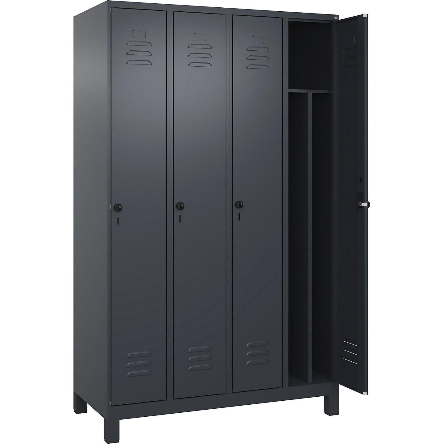 Classic PLUS clean and dirty clothes locker, narrow, 4 compartments, shortened centre divider, grey, W 1200 mm, with feet, rotary bolt, centre partition.