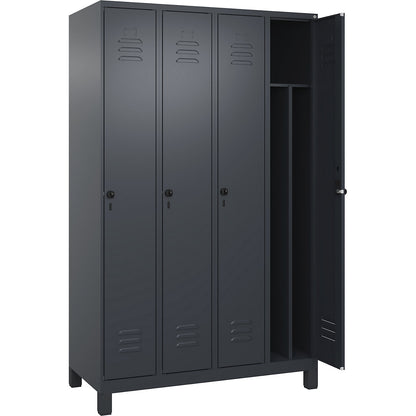 Classic PLUS clean and dirty clothes locker, narrow, 4 compartments, shortened centre divider, grey, W 1200 mm, with feet, rotary bolt, centre partition.