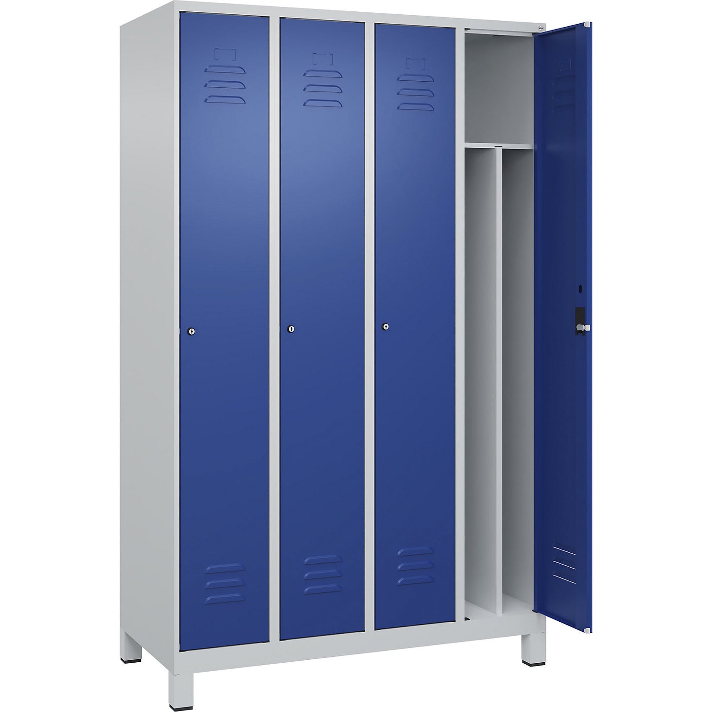 Classic PLUS clean and dirty clothes locker, narrow, 4 compartments, shortened centre divider, light grey/gentian blue, W 1200 mm, with feet, cylinder lock, centre partition.