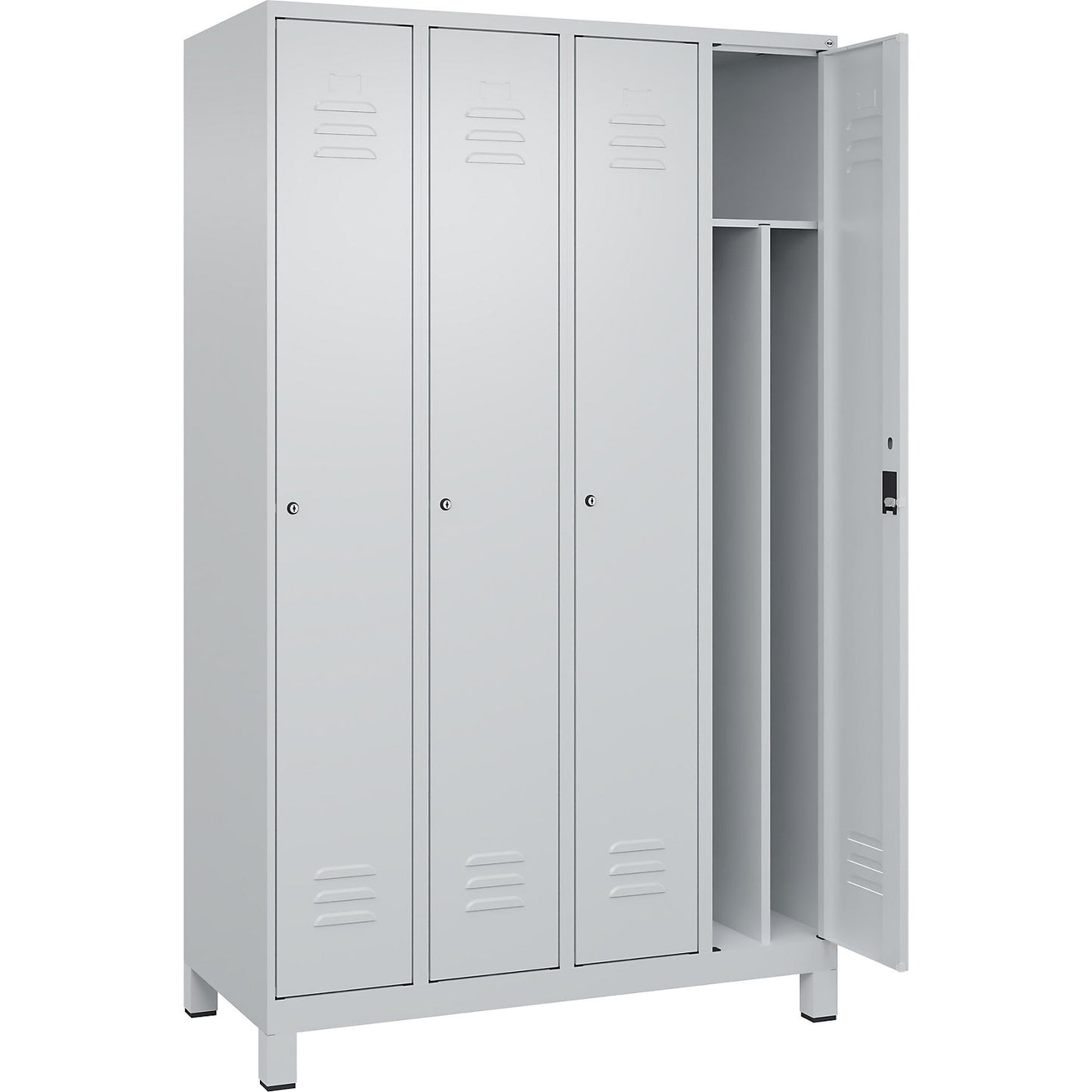 Classic PLUS clean and dirty clothes locker, narrow, 4 compartments, shortened centre divider, light grey, W 1200 mm, with feet, cylinder lock, centre partition.