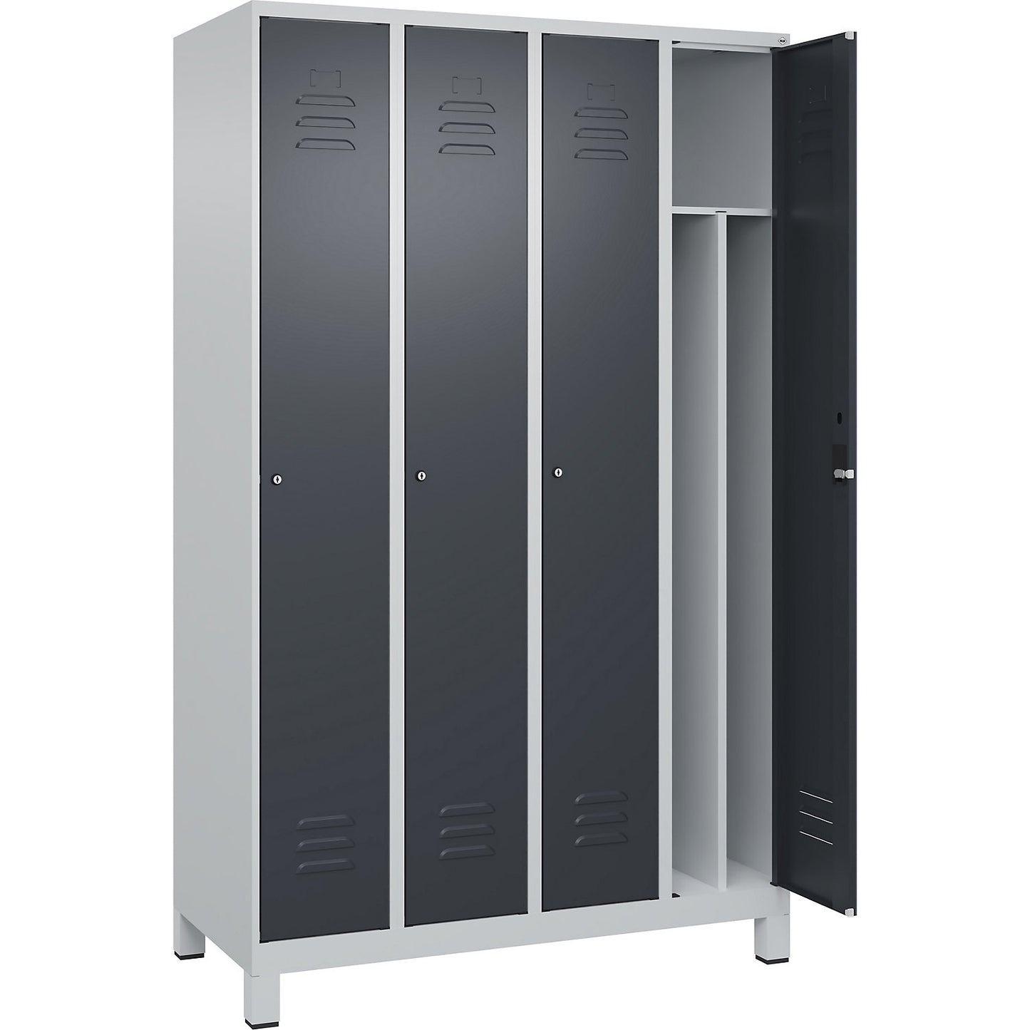 Classic PLUS clean and dirty clothes locker, narrow, 4 compartments, shortened centre divider, light grey/grey, W 1200 mm, with feet, cylinder lock, centre partition.