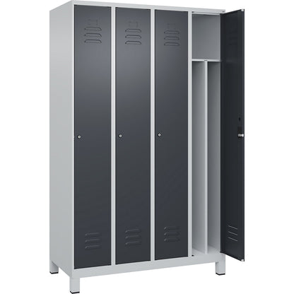 Classic PLUS clean and dirty clothes locker, narrow, 4 compartments, shortened centre divider, light grey/grey, W 1200 mm, with feet, cylinder lock, centre partition.