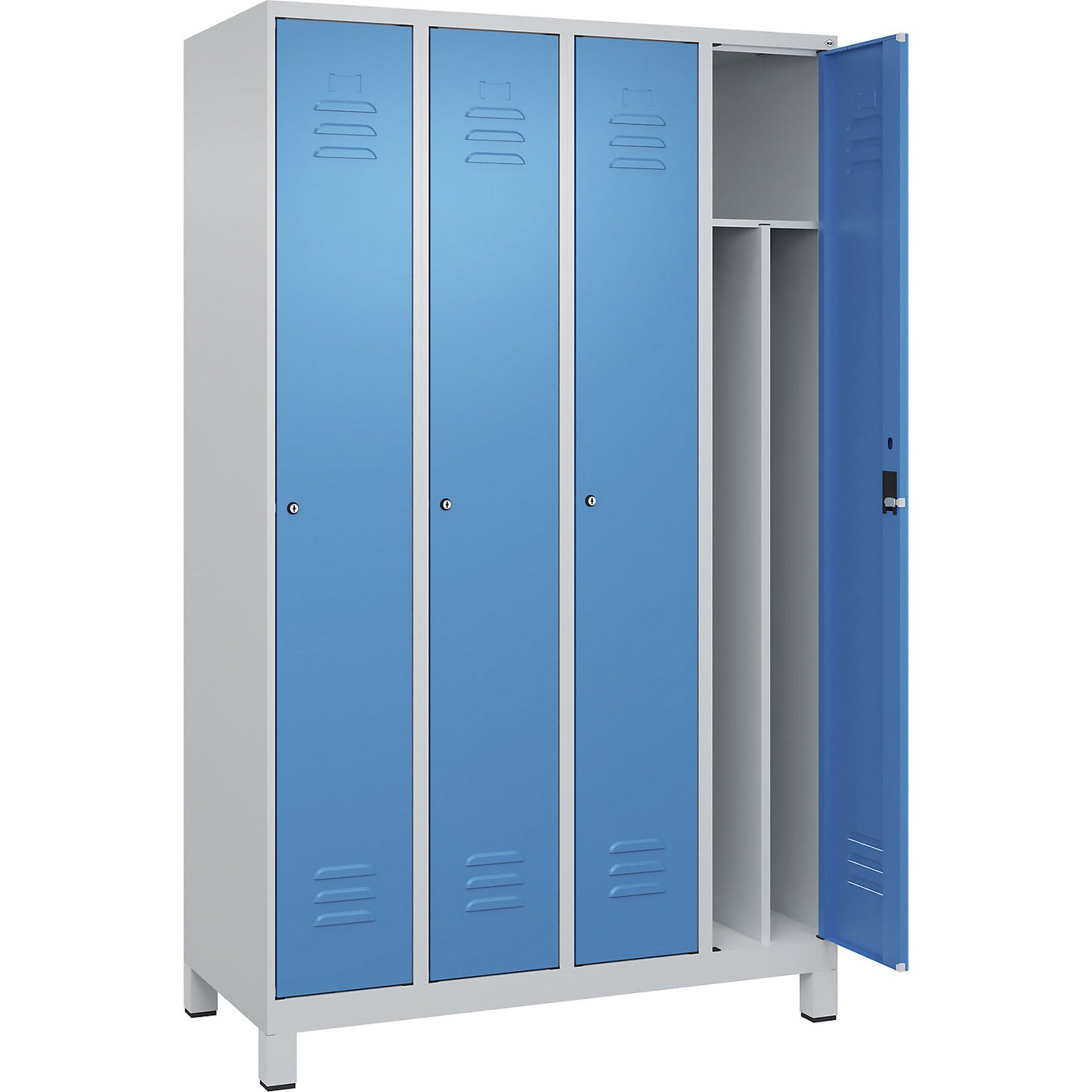Classic PLUS clean and dirty clothes locker, narrow, 4 compartments, shortened centre divider, light grey/light blue, W 1200 mm, with feet, cylinder lock, centre partition.