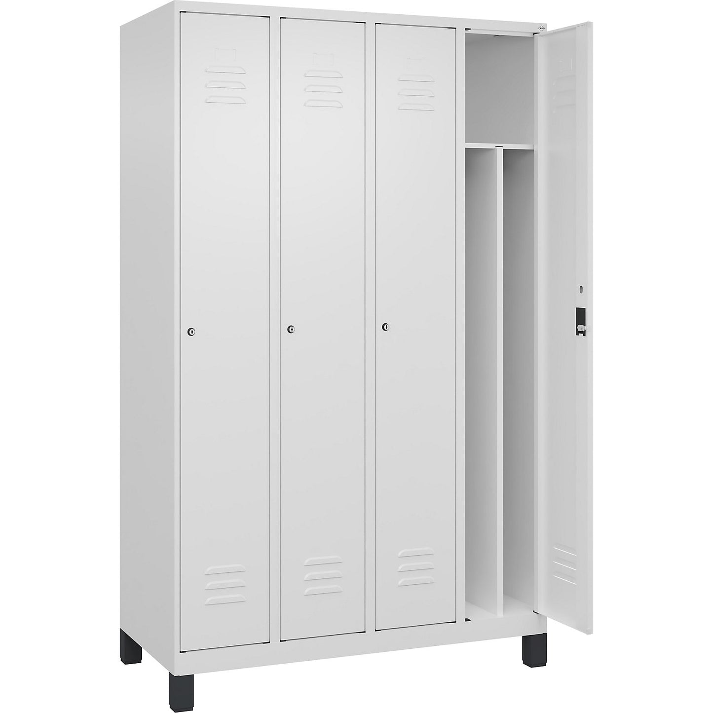 Classic PLUS clean and dirty clothes locker, narrow, 4 compartments, shortened centre divider, traffic white, W 1200 mm, with feet, cylinder lock, centre partition.