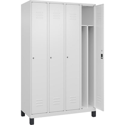 Classic PLUS clean and dirty clothes locker, narrow, 4 compartments, shortened centre divider, traffic white, W 1200 mm, with feet, cylinder lock, centre partition.