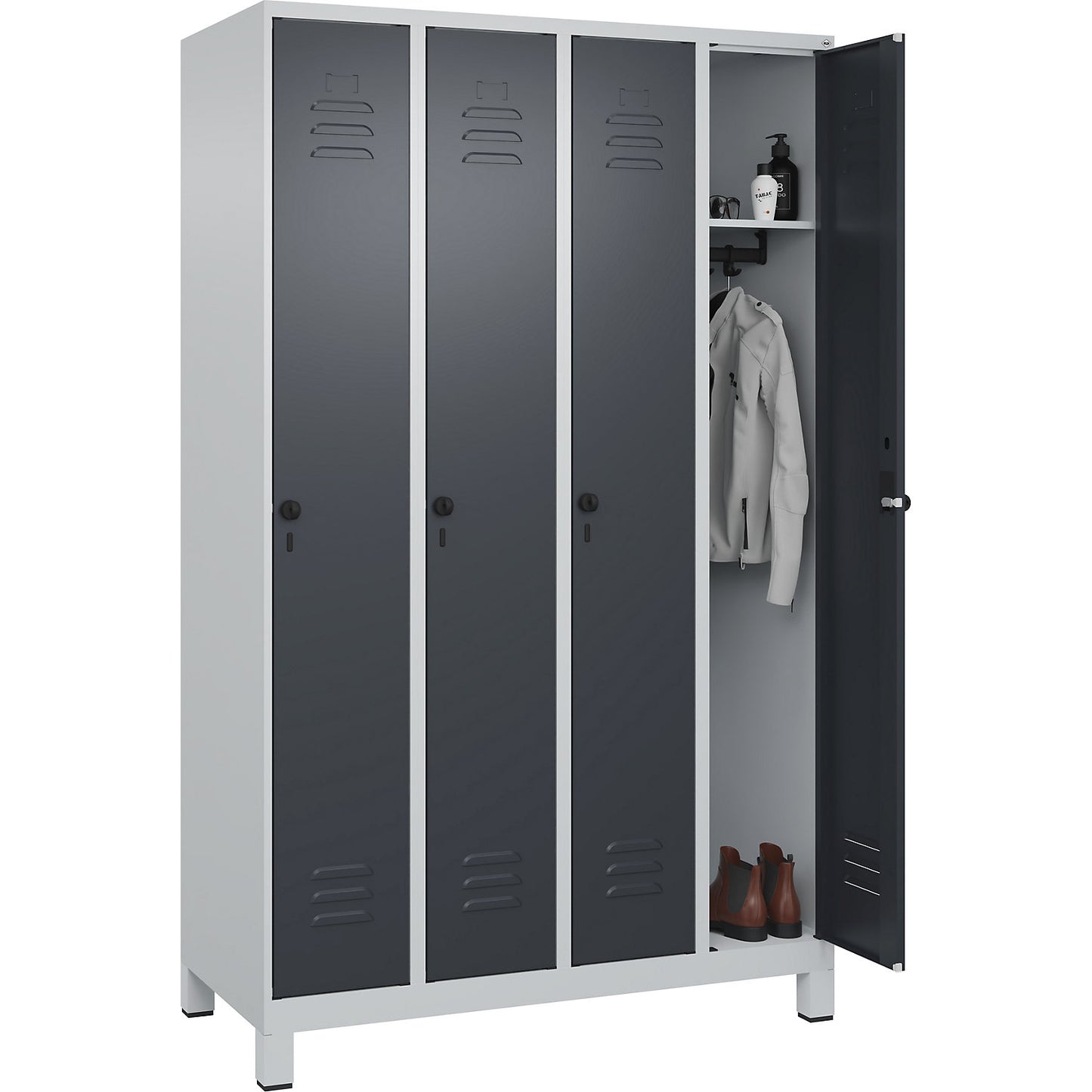 Classic PLUS clothes locker, 4 compartments, light grey/grey, W 1200 mm, with feet, rotary bolt.