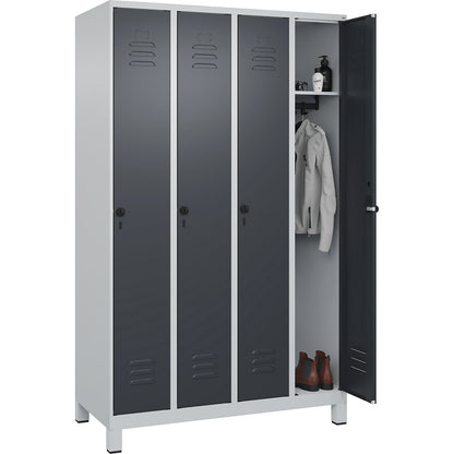 Classic PLUS clothes locker, 4 compartments, light grey/grey, W 1200 mm, with feet, rotary bolt.