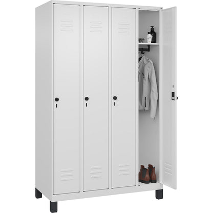 Classic PLUS clothes locker, 4 compartments, traffic white, W 1200 mm, with feet, rotary bolt.