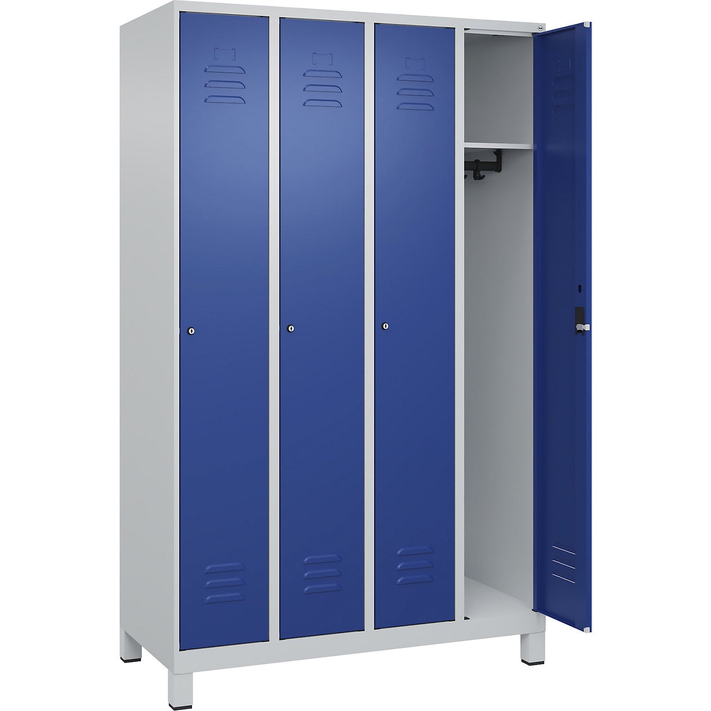Classic PLUS clothes locker, 4 compartments, light grey/gentian blue, W 1200 mm, with feet, cylinder lock.