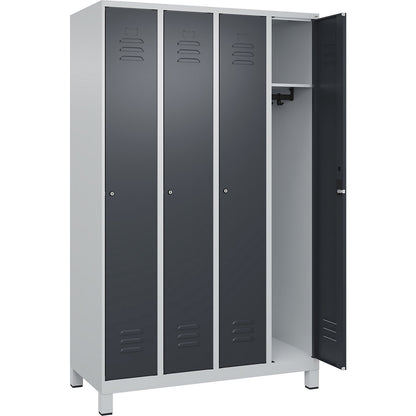 Classic PLUS clothes locker, 4 compartments, light grey/grey, W 1200 mm, with feet, cylinder lock.