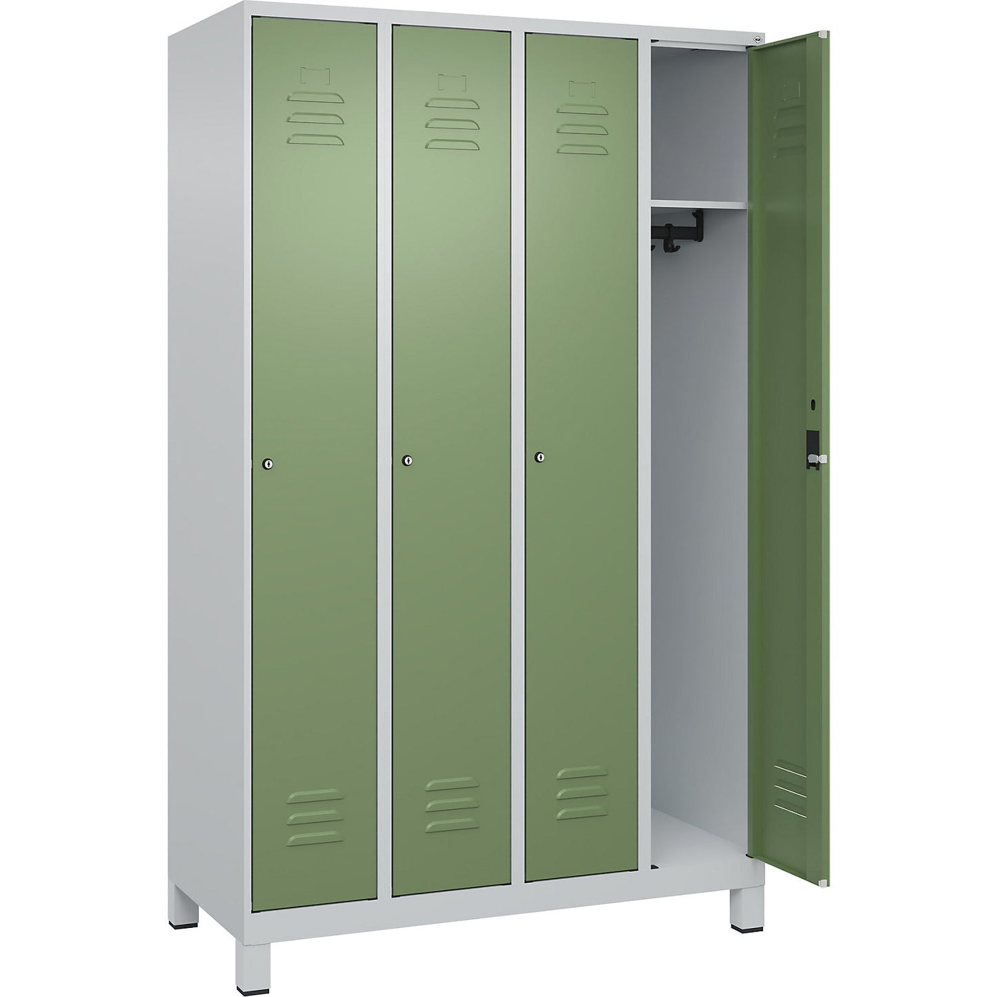 Classic PLUS clothes locker, 4 compartments, light grey/reseda green, W 1200 mm, with feet, cylinder lock.