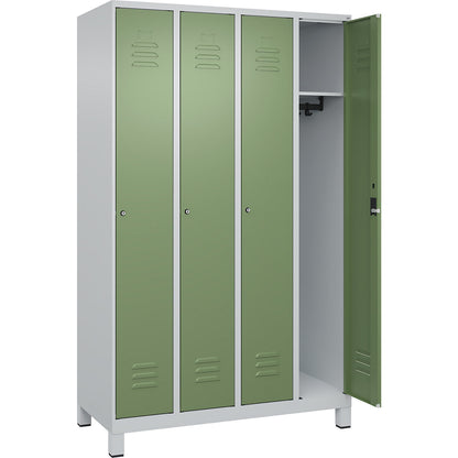 Classic PLUS clothes locker, 4 compartments, light grey/reseda green, W 1200 mm, with feet, cylinder lock.