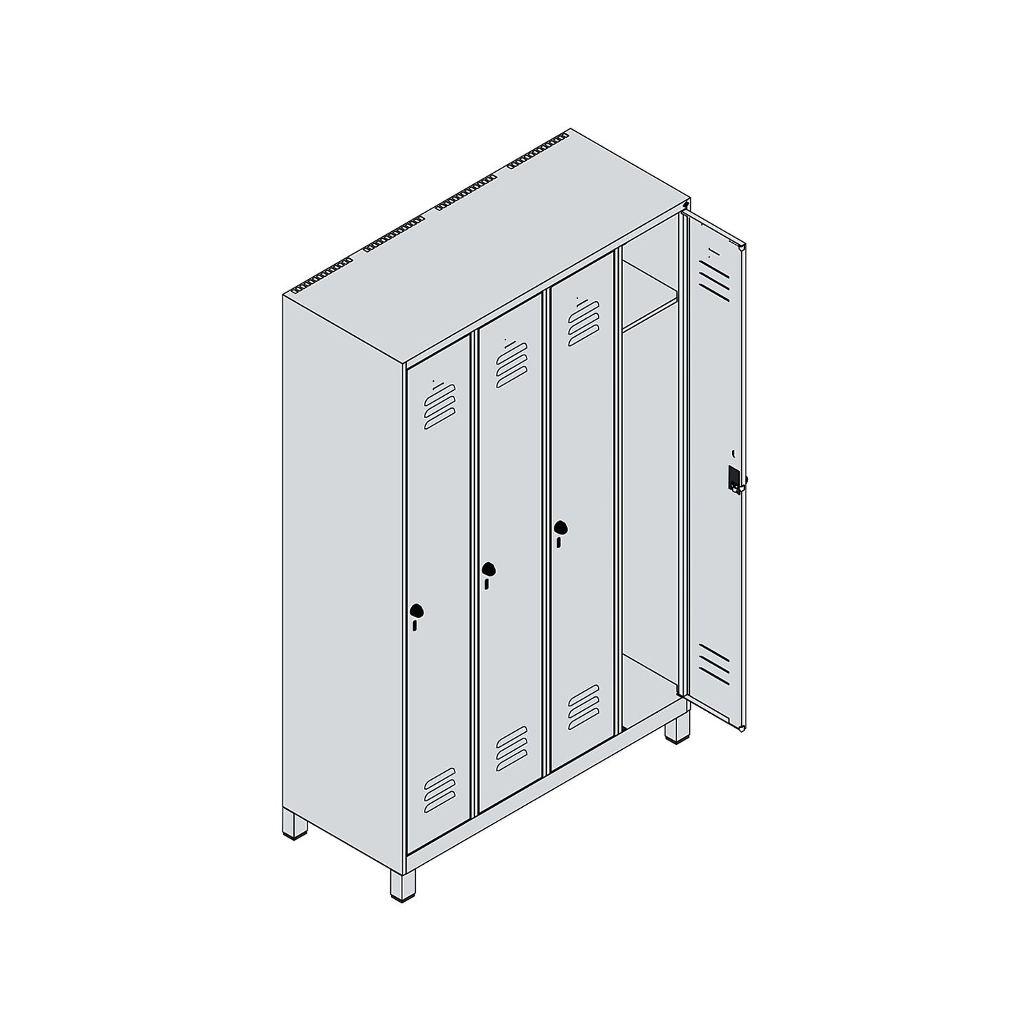 Classic PLUS clothes locker, 4 compartments, traffic white, W 1200 mm, with feet, rotary bolt.