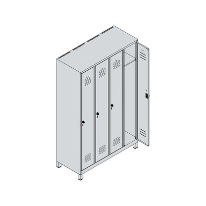 Classic PLUS clothes locker, 4 compartments, light grey/grey, W 1200 mm, with feet, rotary bolt.