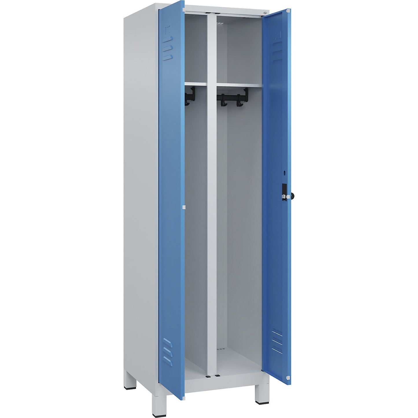 Classic PLUS clean and dirty clothes locker, centre divider, 1 compartment, light grey/light blue, HxW 1950 x 600 mm, with feet, rotary bolt.