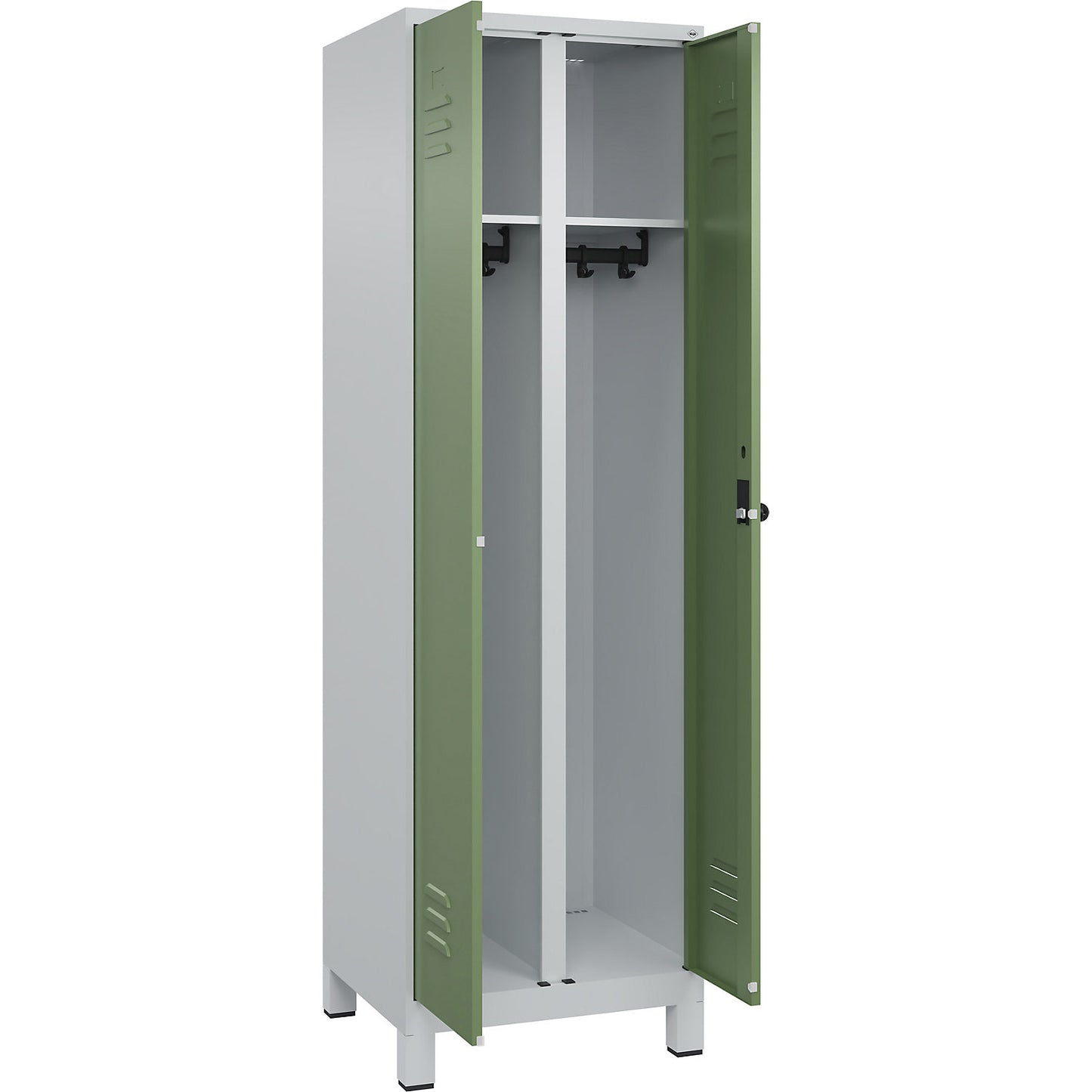 Classic PLUS clean and dirty clothes locker, centre divider, 1 compartment, light grey/reseda green, HxW 1950 x 600 mm, with feet, rotary bolt.