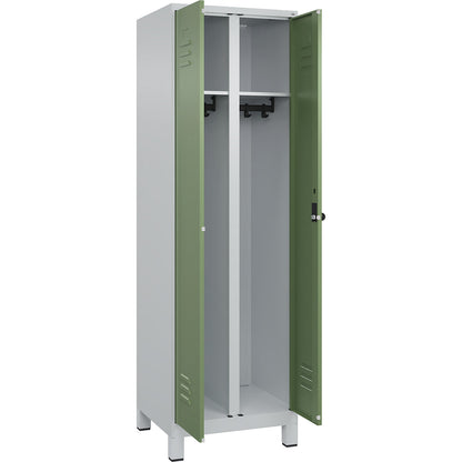Classic PLUS clean and dirty clothes locker, centre divider, 1 compartment, light grey/reseda green, HxW 1950 x 600 mm, with feet, rotary bolt.