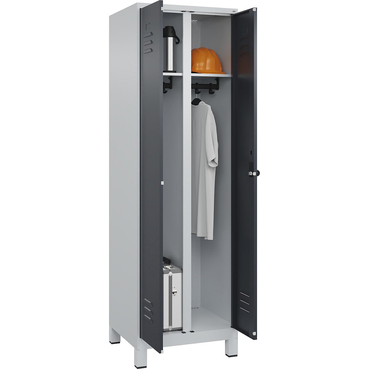 Classic PLUS clean and dirty clothes locker, centre divider, 1 compartment, light grey/grey, HxW 1950 x 600 mm, with feet, rotary bolt.