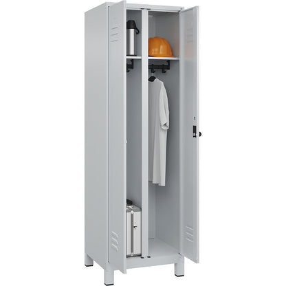 Classic PLUS clean and dirty clothes locker, centre divider, 1 compartment, light grey, HxW 1950 x 600 mm, with feet, rotary bolt.
