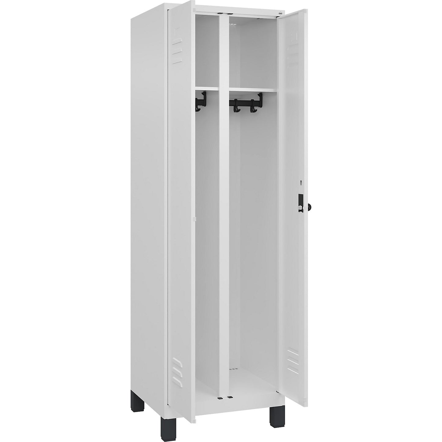 Classic PLUS clean and dirty clothes locker, centre divider, 1 compartment, traffic white, HxW 1950 x 600 mm, with feet, rotary bolt.