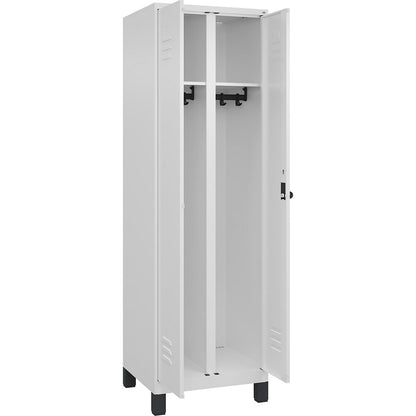 Classic PLUS clean and dirty clothes locker, centre divider, 1 compartment, traffic white, HxW 1950 x 600 mm, with feet, rotary bolt.