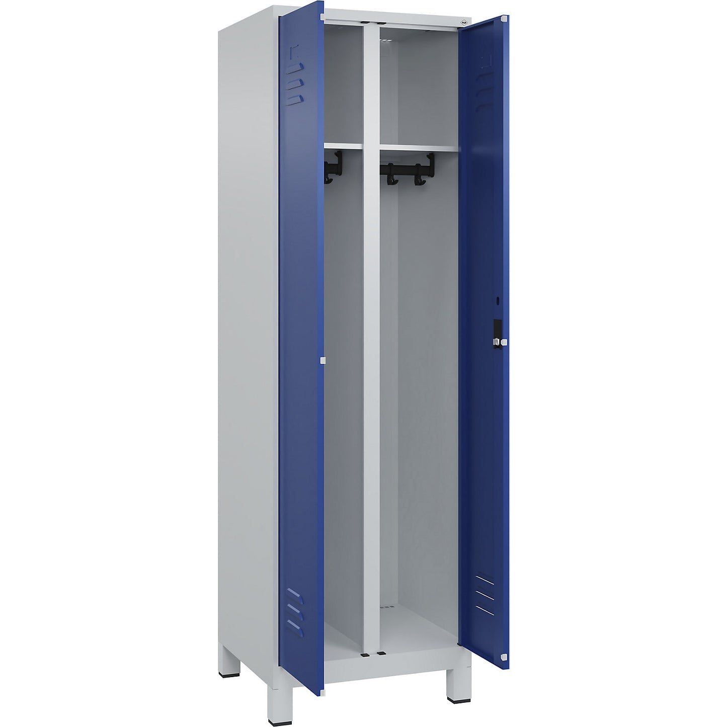Classic PLUS clean and dirty clothes locker, centre divider, 1 compartment, light grey/gentian blue, HxW 1950 x 600 mm, with feet, cylinder lock.