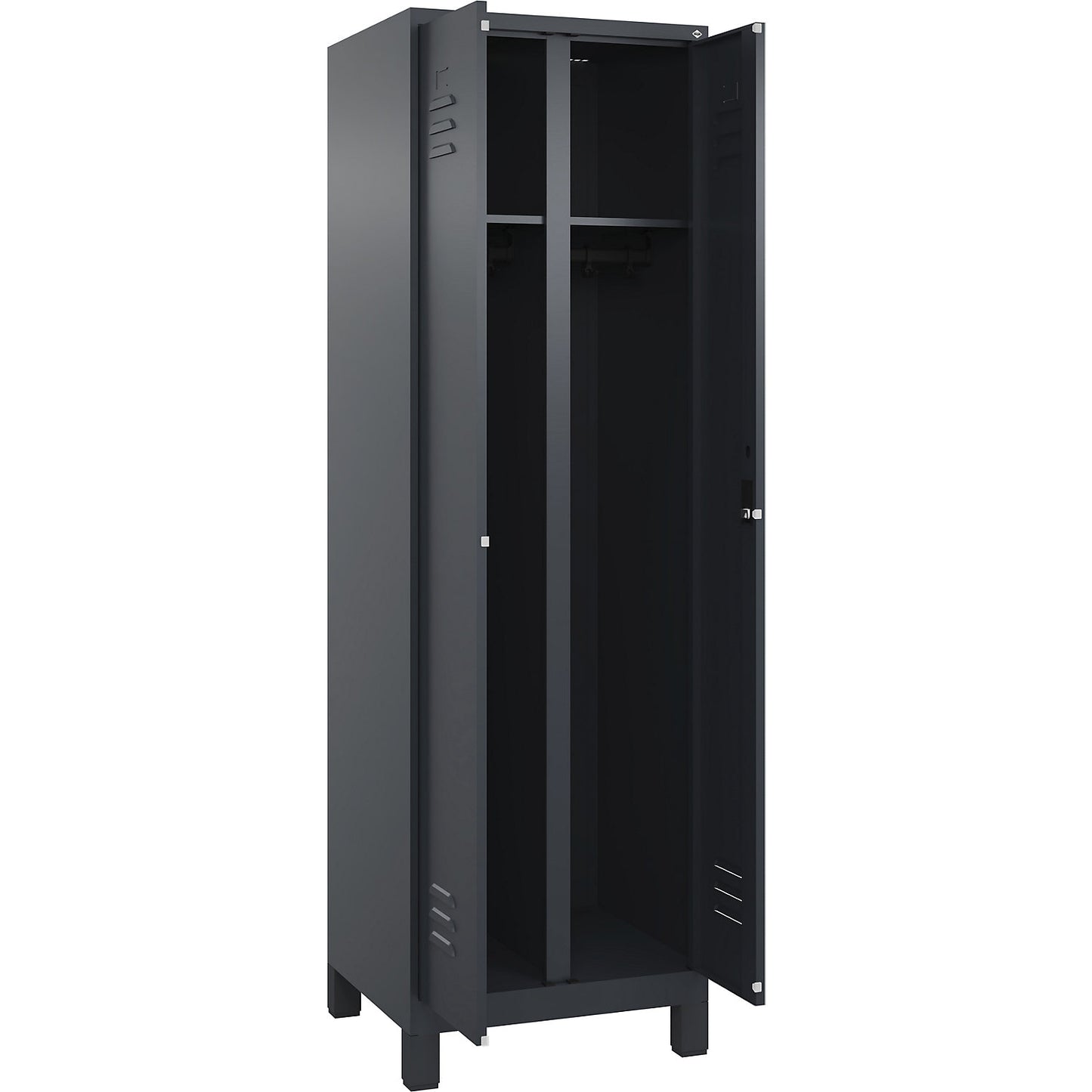 Classic PLUS clean and dirty clothes locker, centre divider, 1 compartment, grey, HxW 1950 x 600 mm, with feet, cylinder lock.