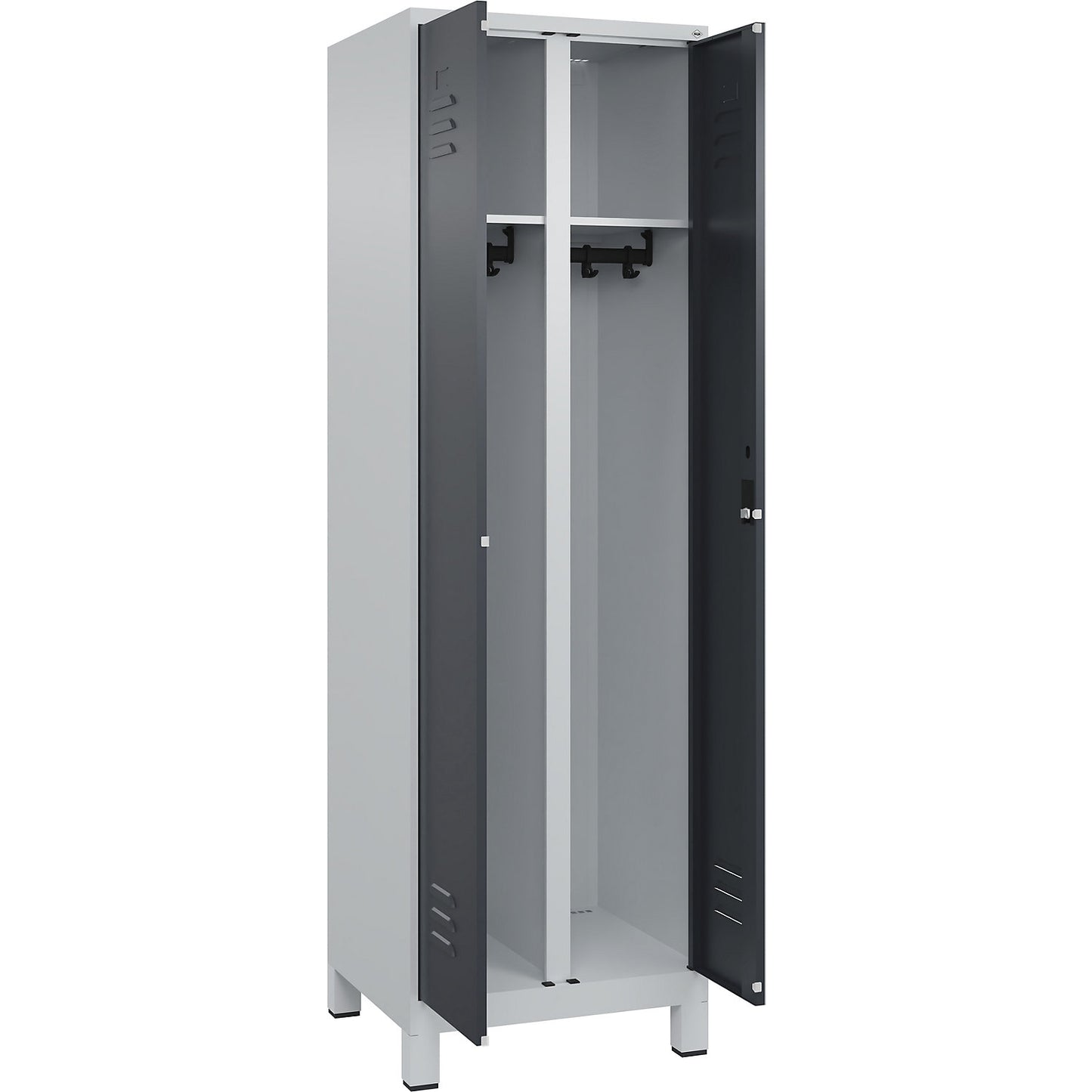 Classic PLUS clean and dirty clothes locker, centre divider, 1 compartment, light grey/grey, HxW 1950 x 600 mm, with feet, cylinder lock.