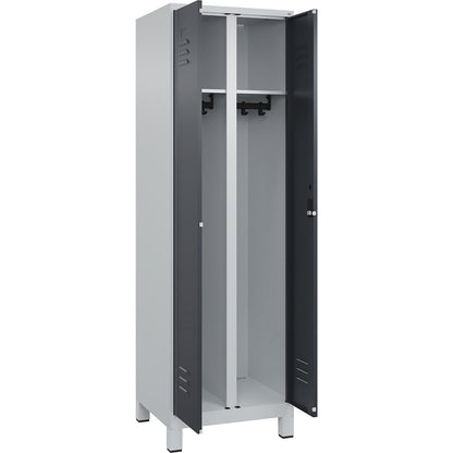 Classic PLUS clean and dirty clothes locker, centre divider, 1 compartment, light grey/grey, HxW 1950 x 600 mm, with feet, cylinder lock.