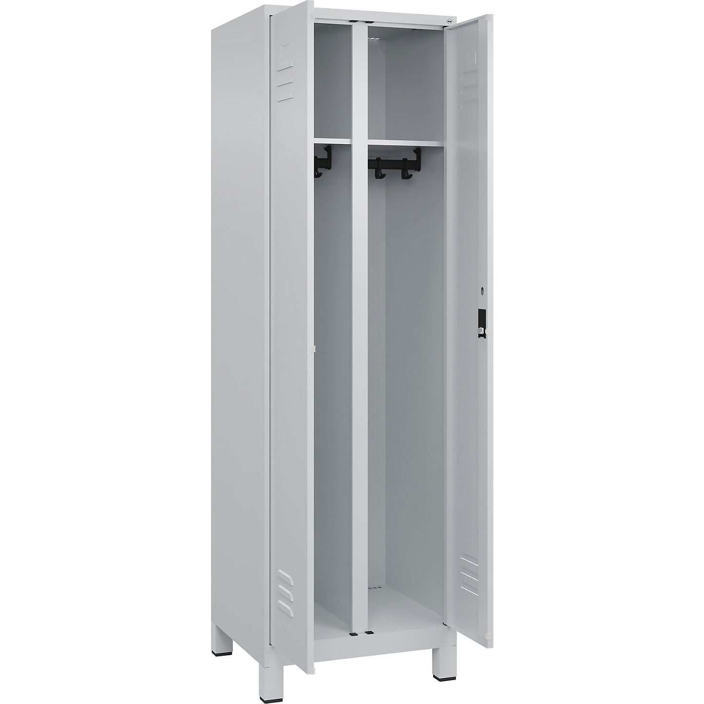Classic PLUS clean and dirty clothes locker, centre divider, 1 compartment, light grey, HxW 1950 x 600 mm, with feet, cylinder lock.
