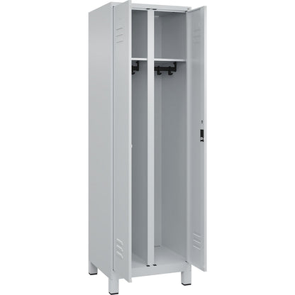 Classic PLUS clean and dirty clothes locker, centre divider, 1 compartment, light grey, HxW 1950 x 600 mm, with feet, cylinder lock.