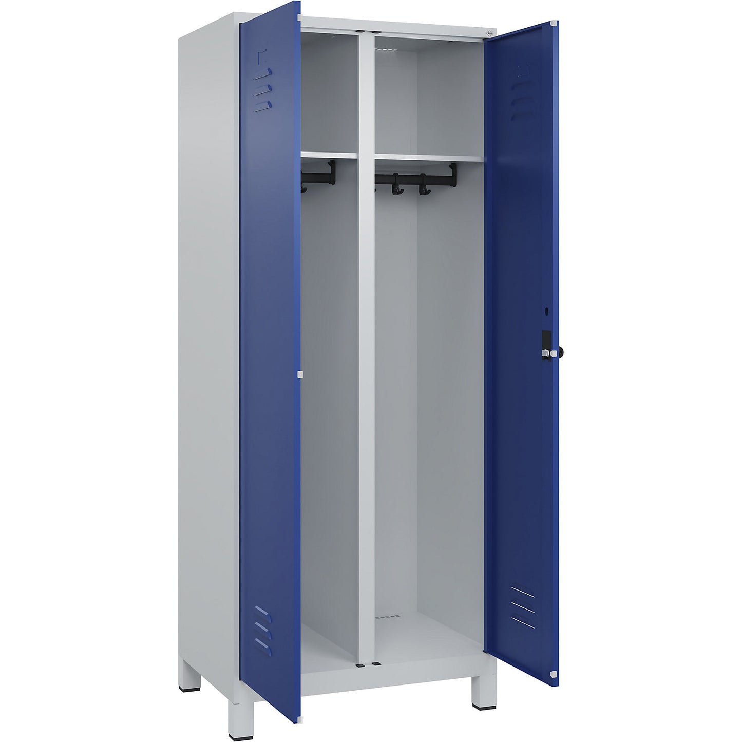 Classic PLUS clean and dirty clothes locker, centre divider, 1 compartment, light grey/gentian blue, HxW 1950 x 800 mm, with feet, rotary bolt.