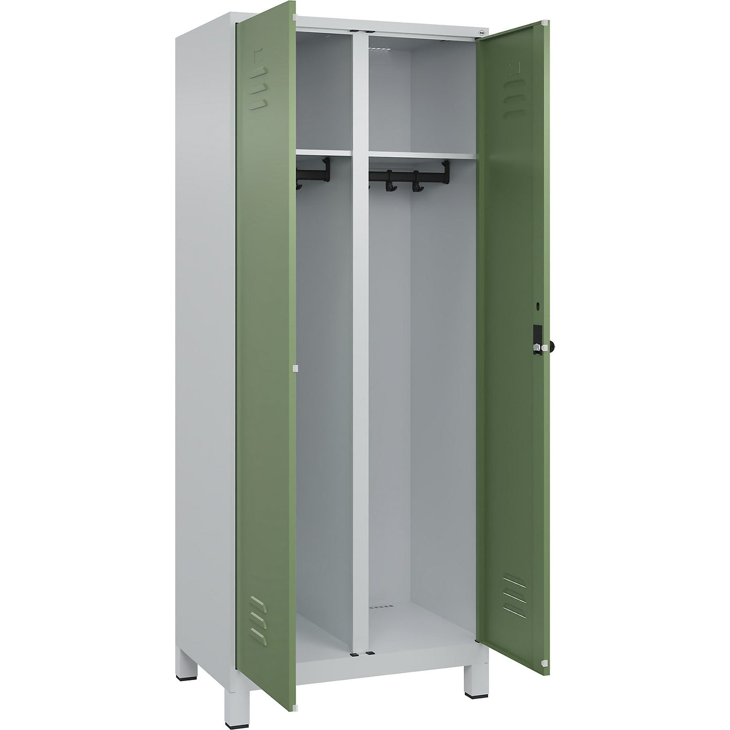 Classic PLUS clean and dirty clothes locker, centre divider, 1 compartment, light grey/reseda green, HxW 1950 x 800 mm, with feet, rotary bolt.