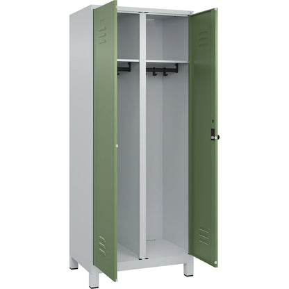 Classic PLUS clean and dirty clothes locker, centre divider, 1 compartment, light grey/reseda green, HxW 1950 x 800 mm, with feet, rotary bolt.