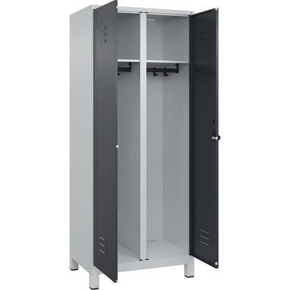 Classic PLUS clean and dirty clothes locker, centre divider, 1 compartment, light grey/grey, HxW 1950 x 800 mm, with feet, rotary bolt.