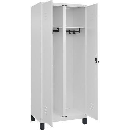 Classic PLUS clean and dirty clothes locker, centre divider, 1 compartment, traffic white, HxW 1950 x 800 mm, with feet, rotary bolt.