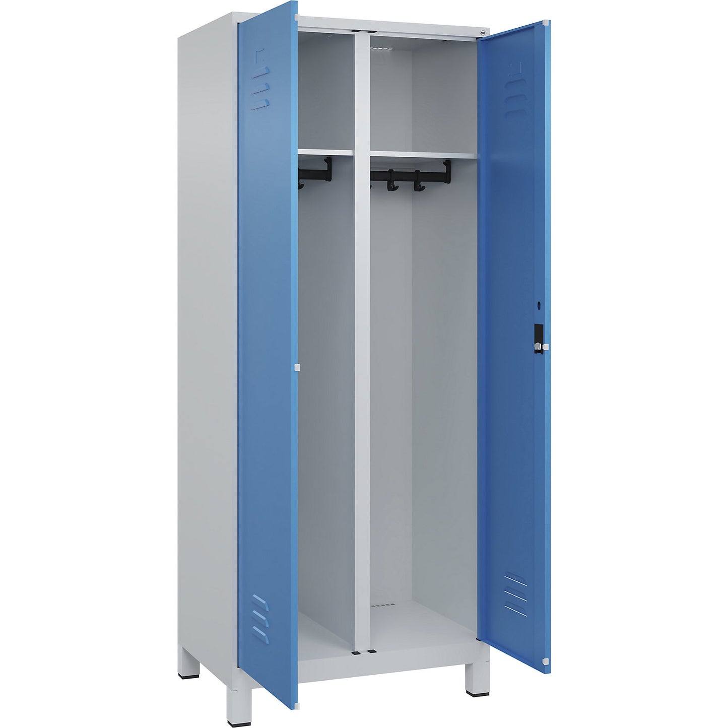 Classic PLUS clean and dirty clothes locker, centre divider, 1 compartment, light grey/light blue, HxW 1950 x 800 mm, with feet, cylinder lock.