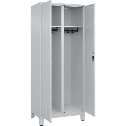 Classic PLUS clean and dirty clothes locker, centre divider, 1 compartment, light grey, HxW 1950 x 800 mm, with feet, cylinder lock.