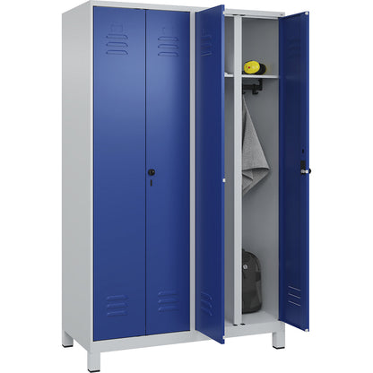 Classic PLUS clean and dirty clothes locker, centre divider, 2 compartments, light grey/gentian blue, HxW 1950 x 1200 mm, with feet, rotary bolt.