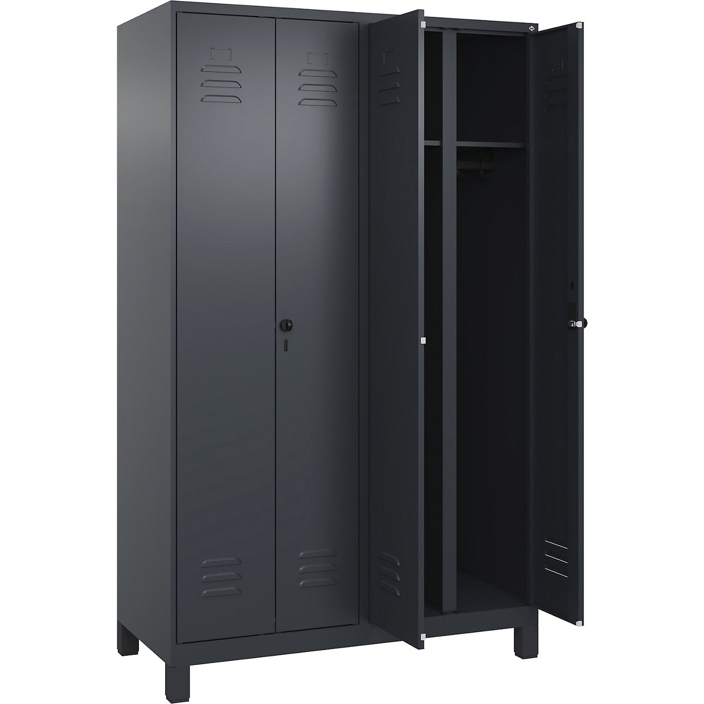 Classic PLUS clean and dirty clothes locker, centre divider, 2 compartments, grey, HxW 1950 x 1200 mm, with feet, rotary bolt.