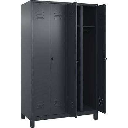 Classic PLUS clean and dirty clothes locker, centre divider, 2 compartments, grey, HxW 1950 x 1200 mm, with feet, rotary bolt.