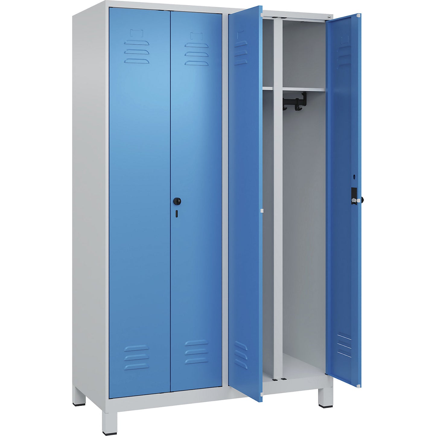 Classic PLUS clean and dirty clothes locker, centre divider, 2 compartments, light grey/light blue, HxW 1950 x 1200 mm, with feet, rotary bolt.
