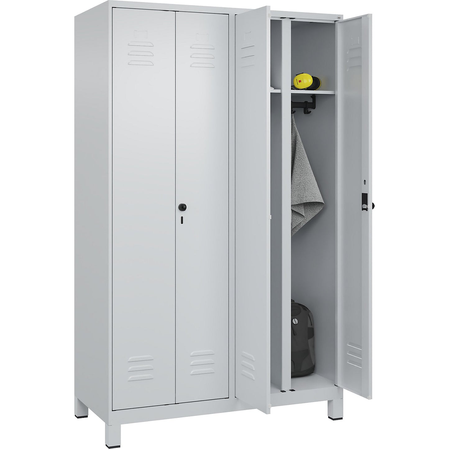 Classic PLUS clean and dirty clothes locker, centre divider, 2 compartments, light grey, HxW 1950 x 1200 mm, with feet, rotary bolt.