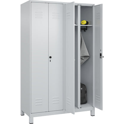 Classic PLUS clean and dirty clothes locker, centre divider, 2 compartments, light grey, HxW 1950 x 1200 mm, with feet, rotary bolt.