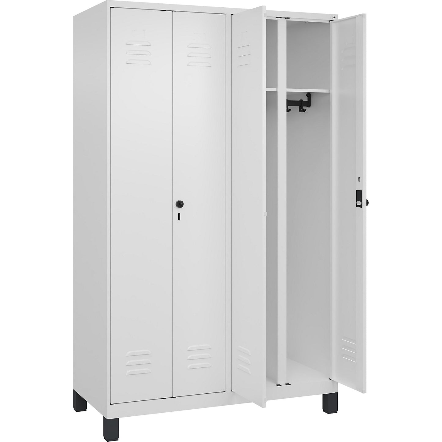 Classic PLUS clean and dirty clothes locker, centre divider, 2 compartments, traffic white, HxW 1950 x 1200 mm, with feet, rotary bolt.