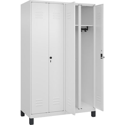 Classic PLUS clean and dirty clothes locker, centre divider, 2 compartments, traffic white, HxW 1950 x 1200 mm, with feet, rotary bolt.