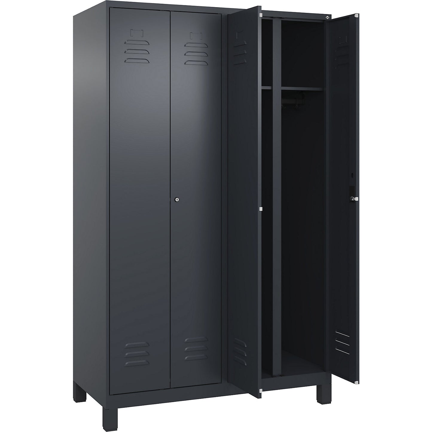Classic PLUS clean and dirty clothes locker, centre divider, 2 compartments, grey, HxW 1950 x 1200 mm, with feet, cylinder lock.